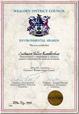 1998 Wealden District Council Environmental Award certificate